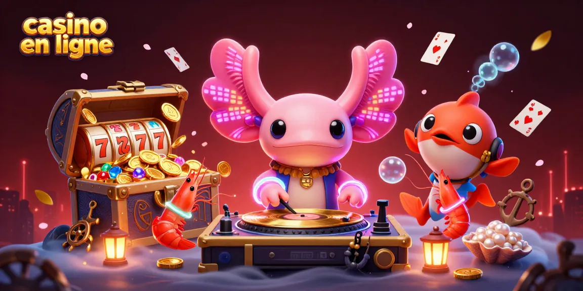 Jouez à des jeux dans un casino en ligne animé avec un axolotl DJ et des animaux marins.