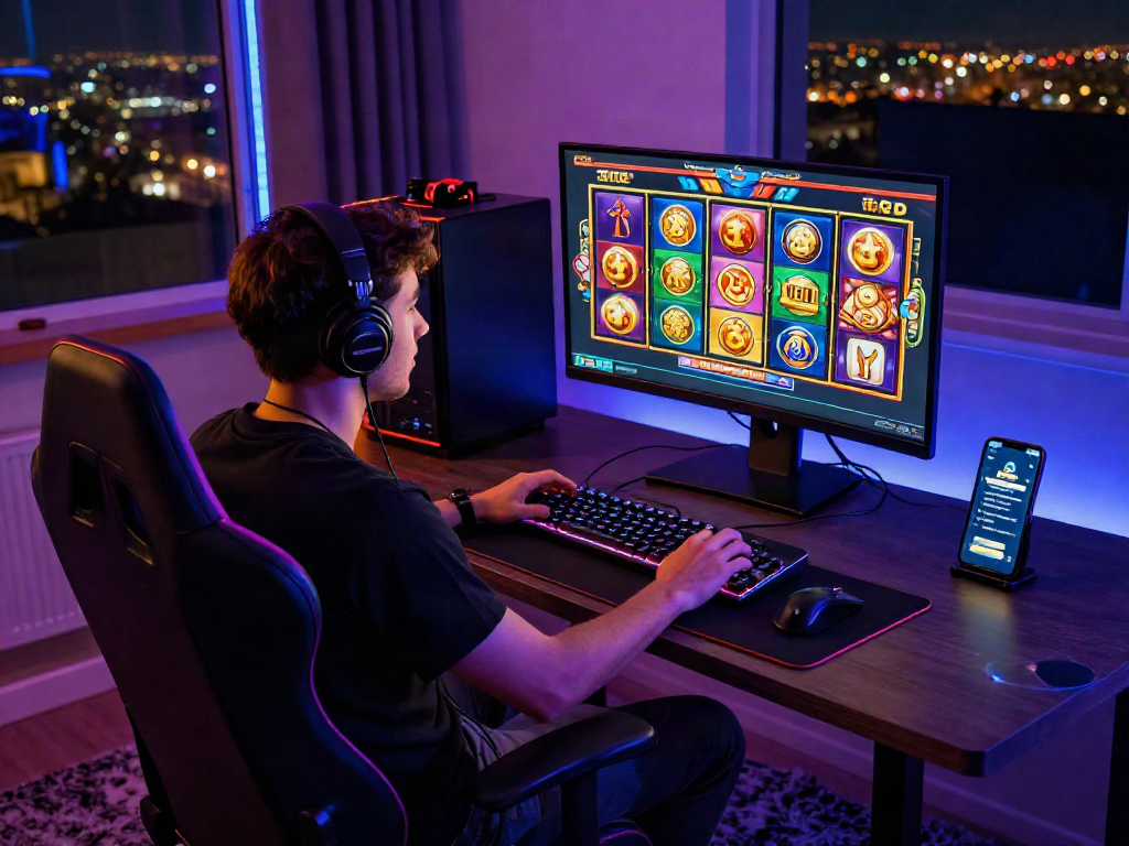 Engaging online slot game experience with rutanslot on a vibrant gaming setup.