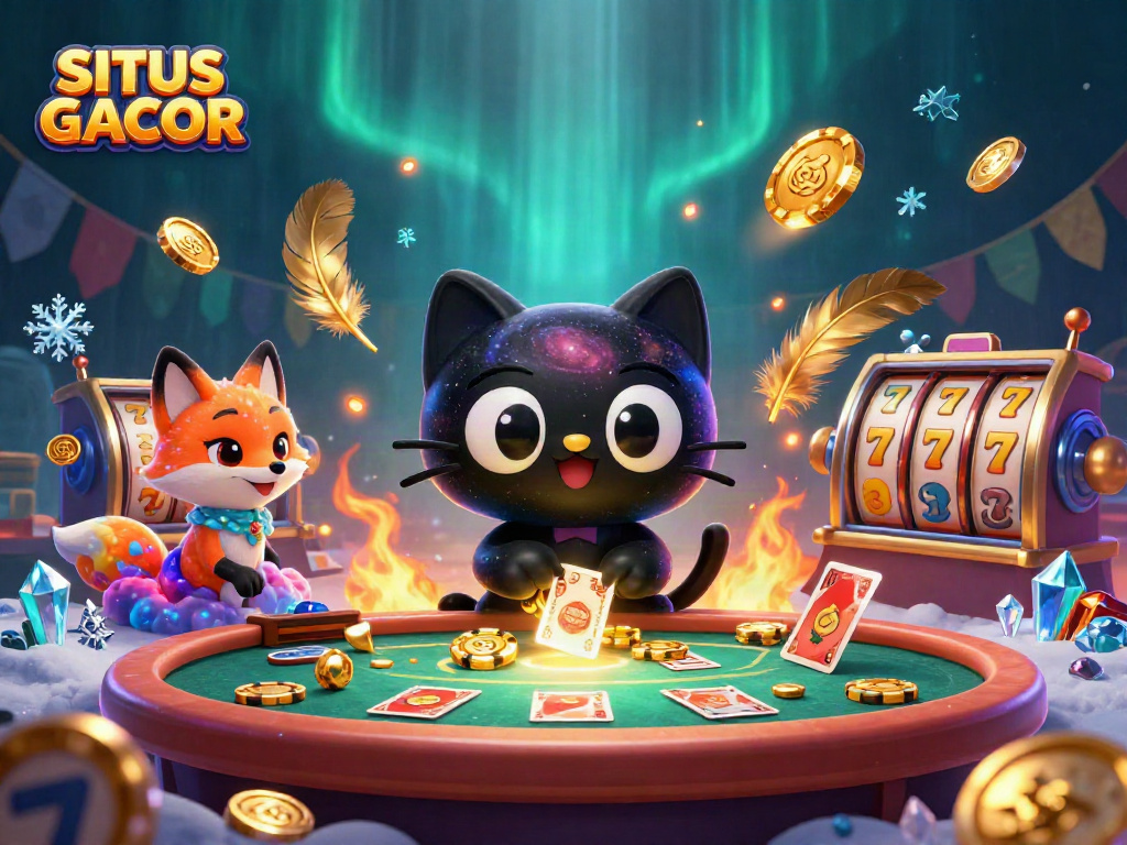 SITUS GACOR highlights thrilling casino adventures through a vibrant cosmic illustration featuring unique 3D characters.