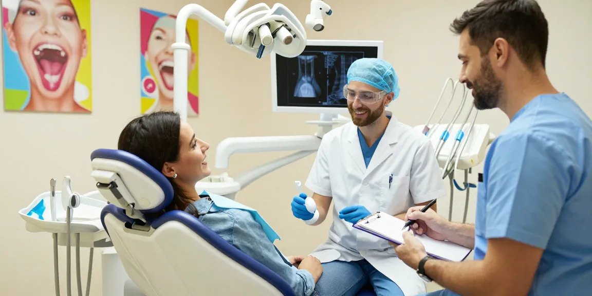 Discover more here in a welcoming dental clinic with friendly staff assisting a patient.