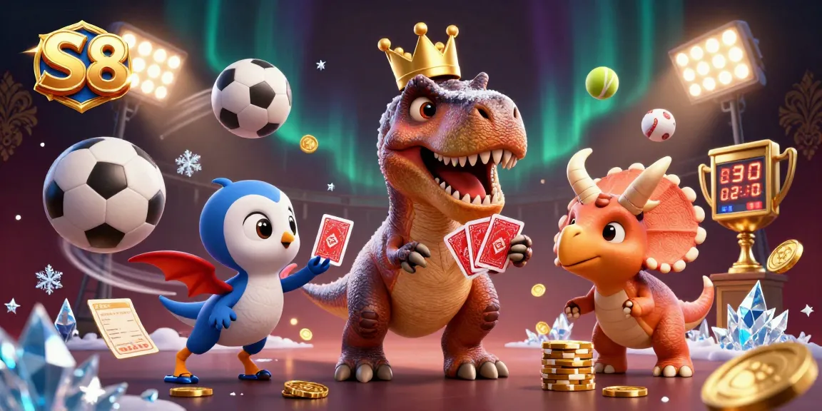 S8 offers unique games with a 3D T-Rex character shuffling cards in a dynamic casino scene.