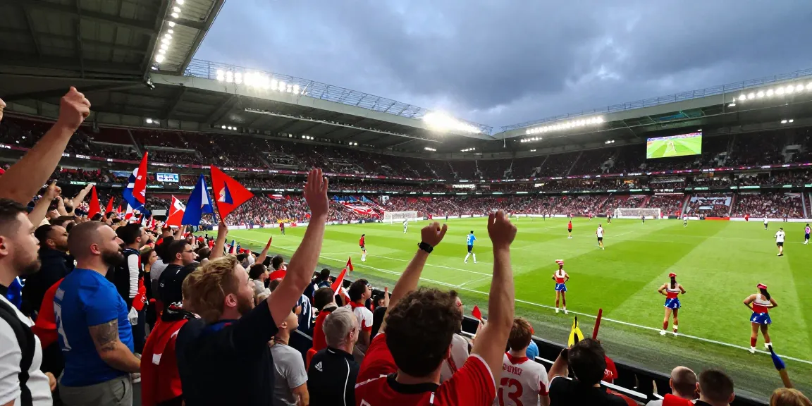 Bk8 Premier League fans passionately celebrating a goal during a vibrant football match atmosphere.