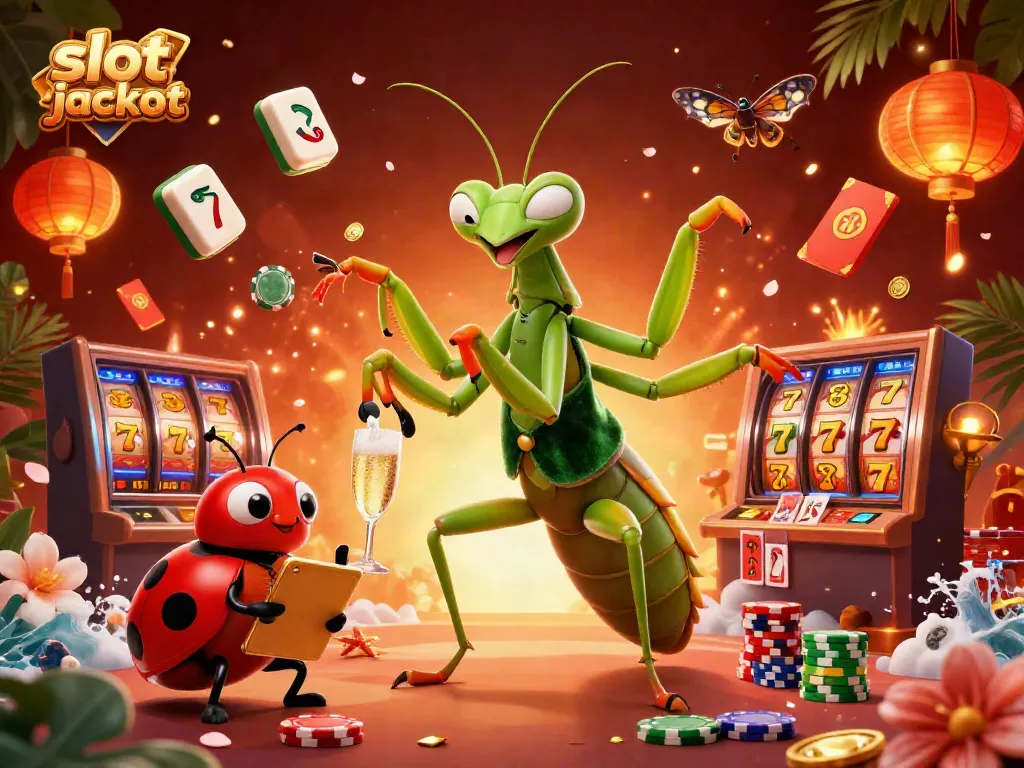 Experience the thrill of the slot jackpot as a giant praying mantis deals cards in a dynamic casino setting.