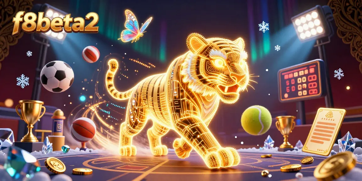 Bet on f8beta2 amidst a vibrant 3D digital casino with a golden tiger and sports elements.