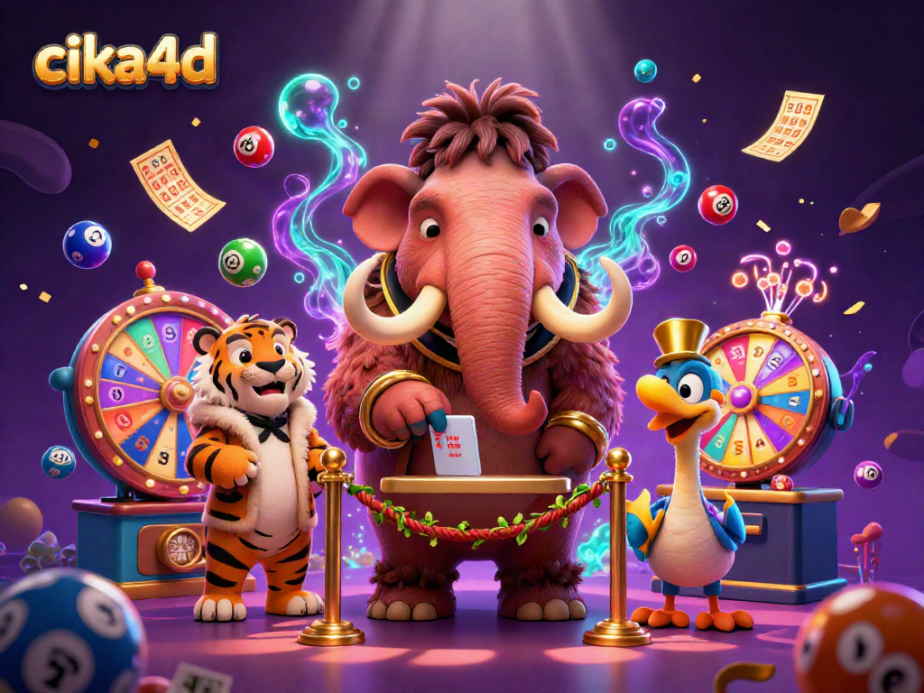 cika4d's vibrant casino scene features a woolly mammoth bouncer checking IDs amidst colorful lottery elements.