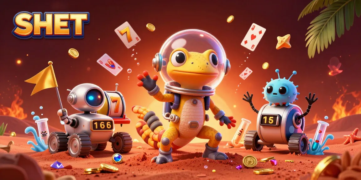 Experience the excitement of SH BET with a Martian gecko uncovering a golden casino in a dynamic 3D illustration.