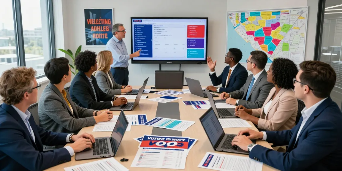 Team strategizing on how to rank for your name in Google using voter data in a bright office.