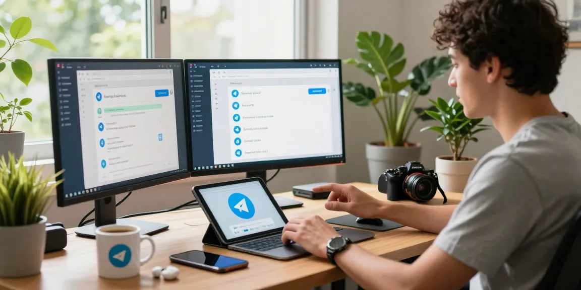 Experience seamless messaging with telegramin-cn.com in a modern tech workspace filled with gadgets and natural light.