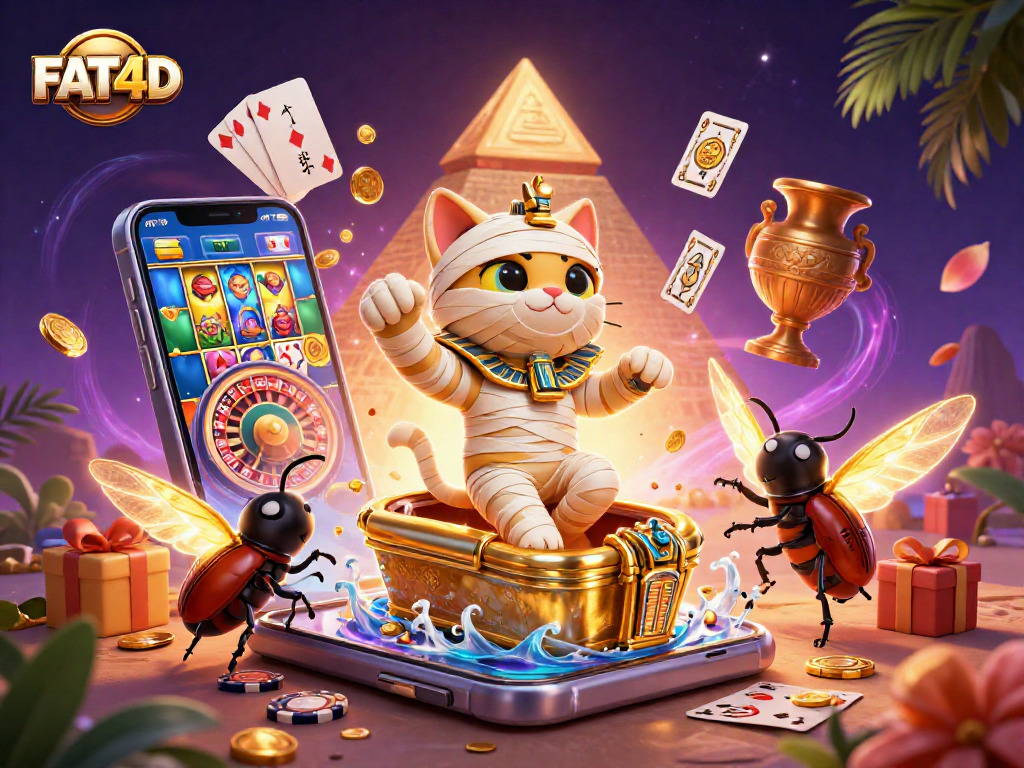 Experience FAT4D at a vibrant pyramid casino, with a mummy cat and golden slot game elements.