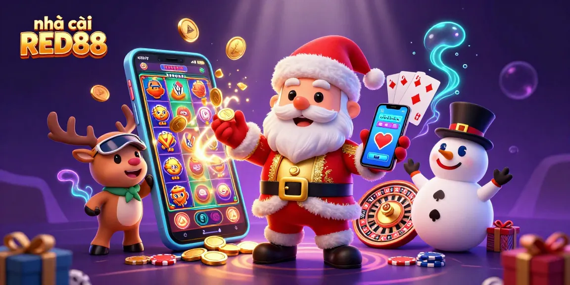 Experience the thrilling essence of nhà cái RED88 in a vibrant casino scene with Santa Claus and friends.