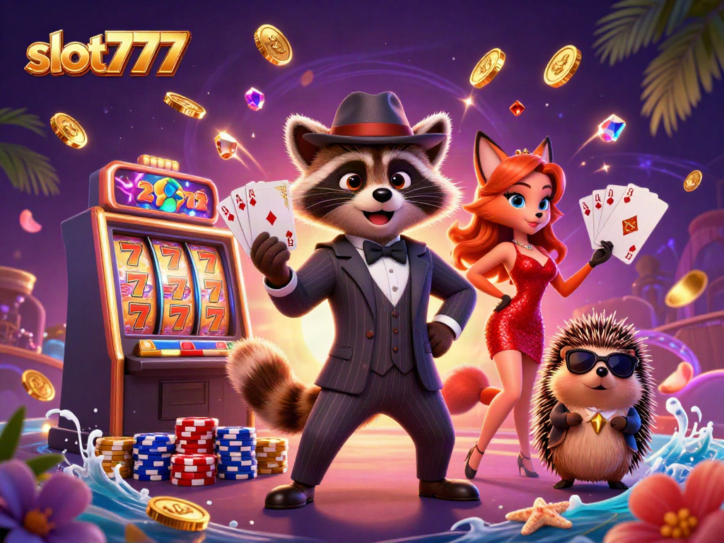 Experience exhilarating play at slot777 with a raccoon holding royal flush amidst vibrant casino elements.