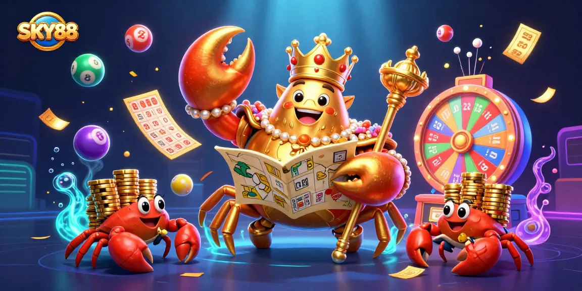 Engage in thrilling lottery action with SKY88's vibrant 3D casino illustration, featuring golden treasures.