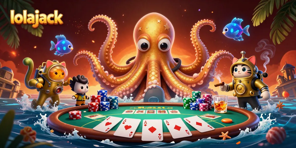 Experience thrilling poker action at lolajack with colossal kraken and diving cat in a vibrant 3D casino scene.