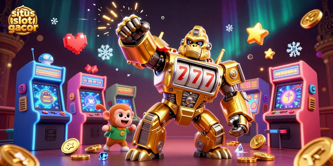 Experience thrilling action with situs slot gacor, featuring an explosive golden gorilla mech amidst colorful gaming elements.