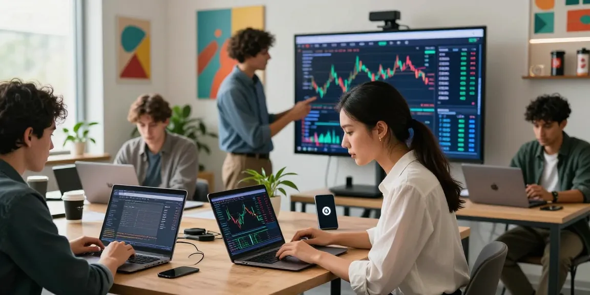 Engaged professionals analyzing charts on the OKX crypto exchange in a modern office.