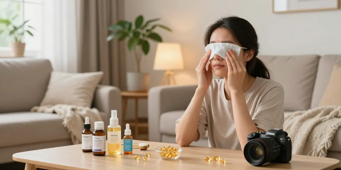 Applying warm compress for Dry Eye Treatment in a cozy home setting.
