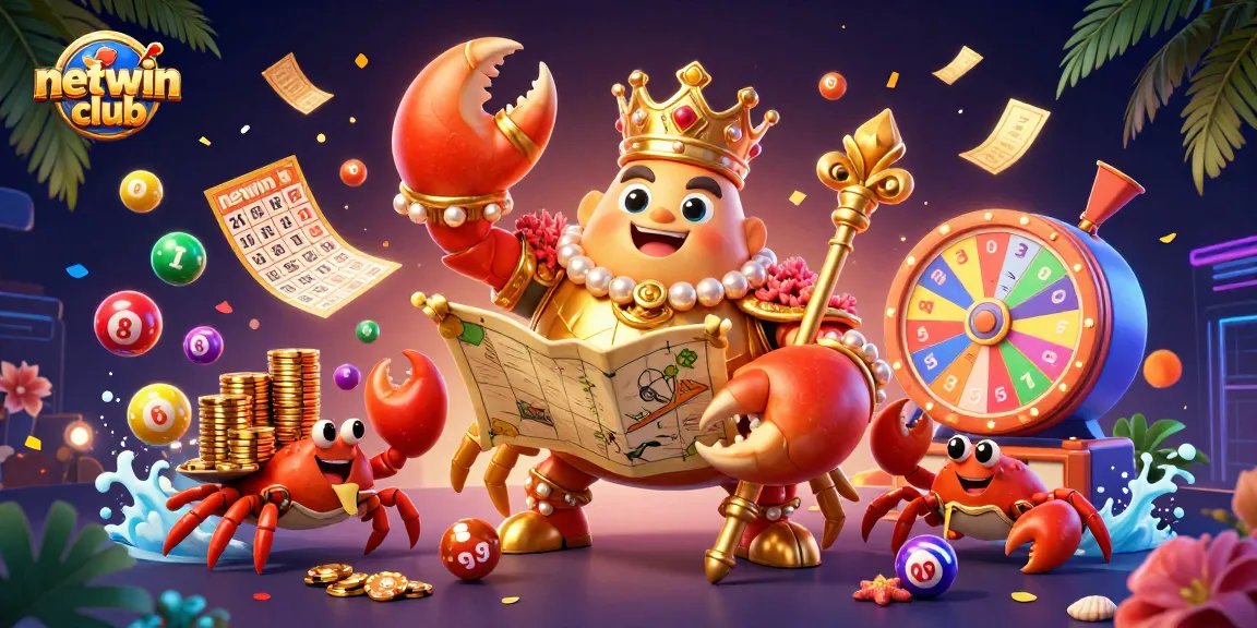 Engage with netwin club's vibrant lottery and gaming experience featuring a golden crab emperor.