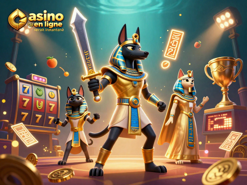 Retrait instantané sur un casino en ligne avec Anubis et Bastet, éléments de jeux de casino autour.