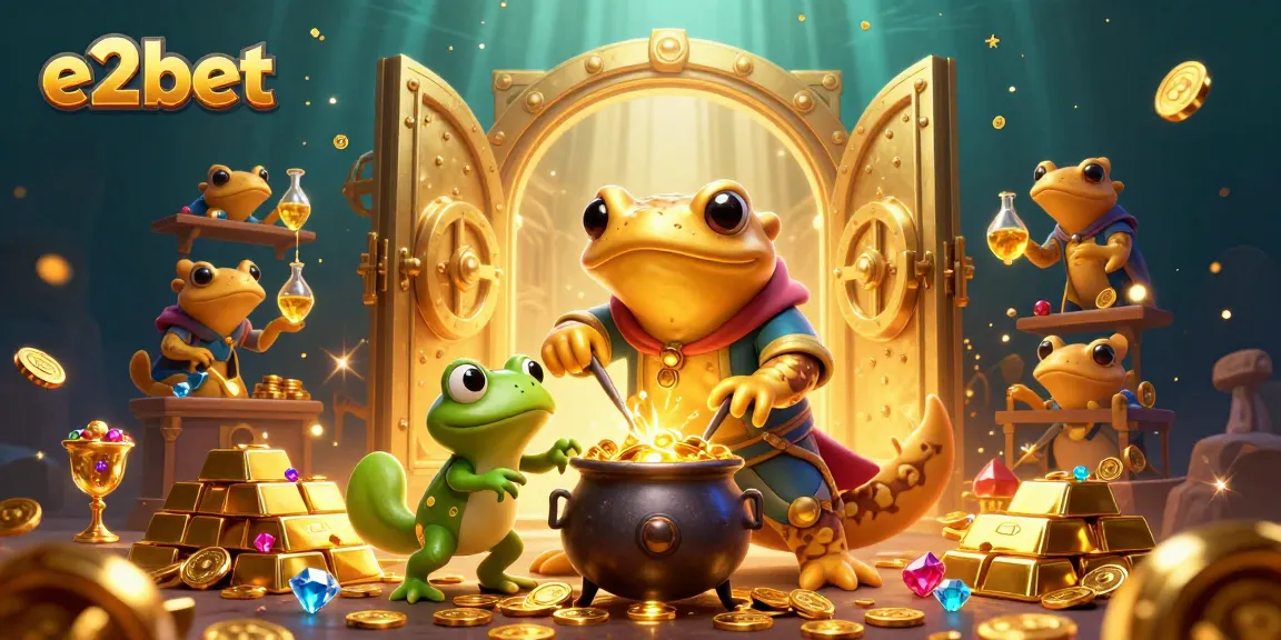 Engage with e2bet's thrilling gaming experience featuring a golden salamander alchemist in a rich treasure scene.