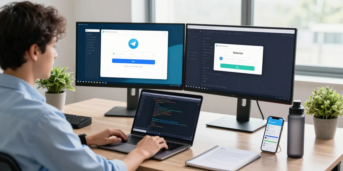 Telegram China verification process illustrated in a modern tech workspace with coding tools and devices.