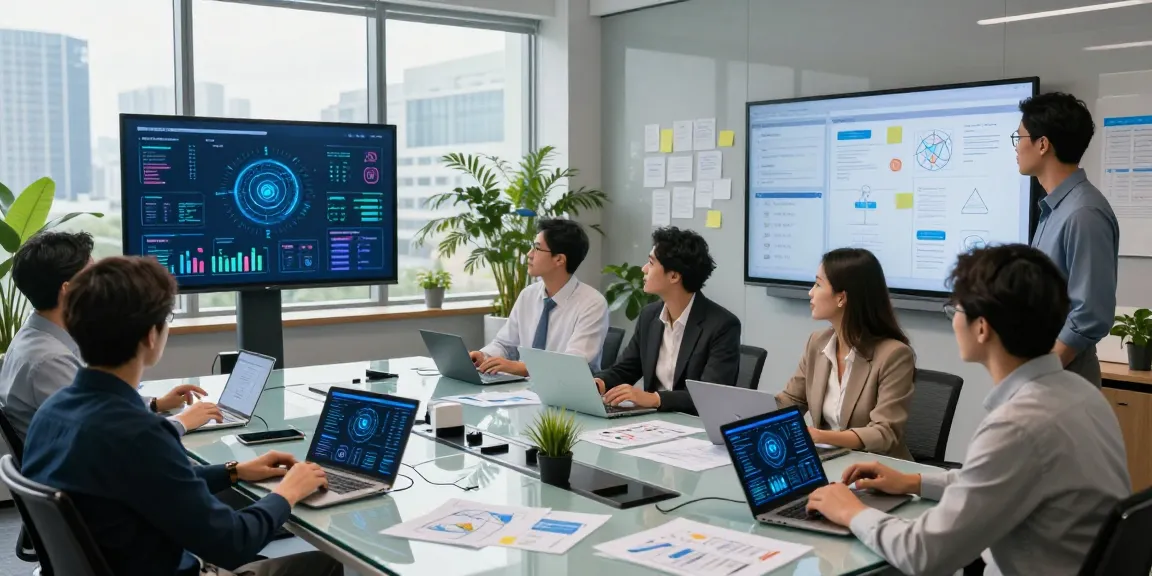 Dynamic office meeting illustrating the Use of IoT in business with professionals engaging around a digital analytics display.