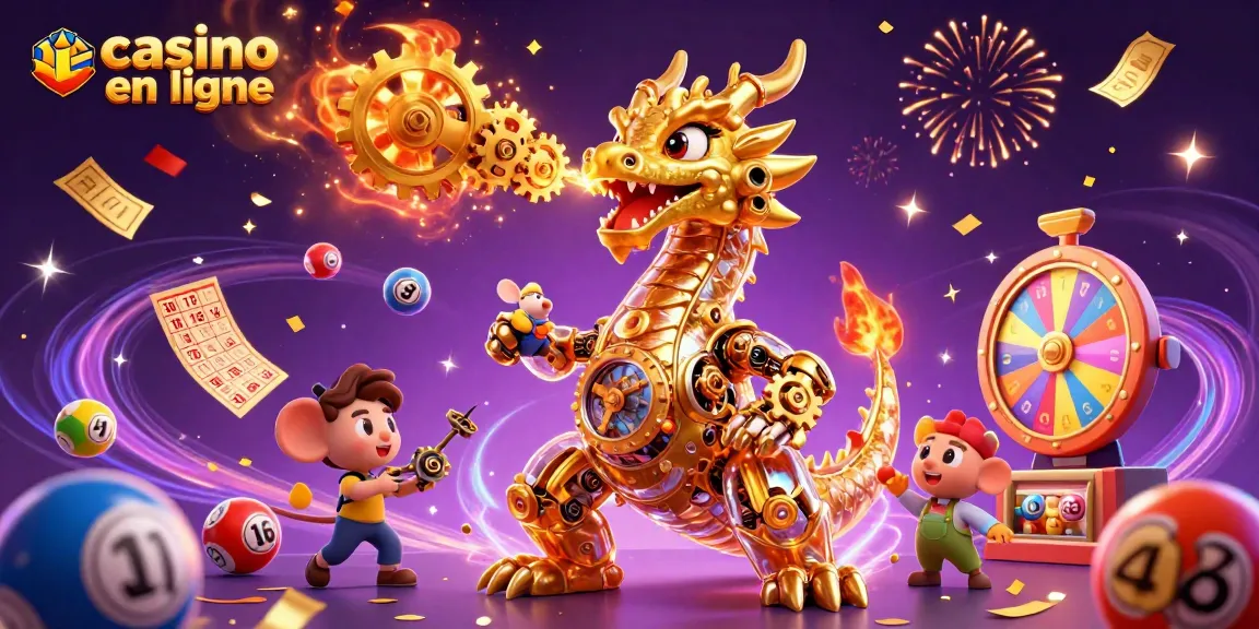 Profitez du casino en ligne avec un dragon mécanique et des boules de loterie colorées.