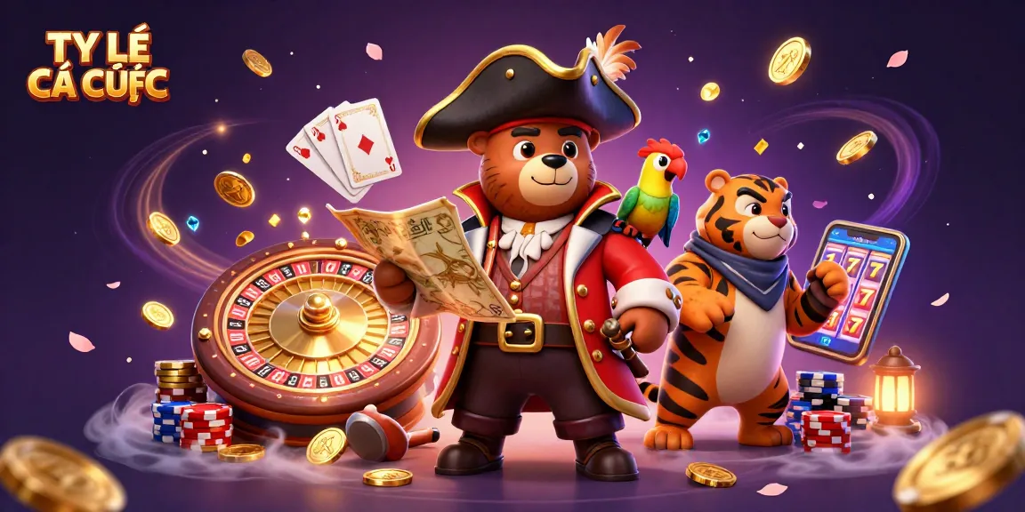 Engage with TỶ LỆ CÁ CƯỢC in this vibrant scene featuring a pirate bear and a tiger in a casino.