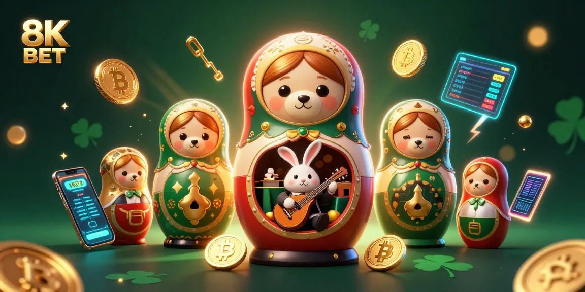 Engage with 8K BET in this vibrant casino-themed 3D illustration with animated characters.