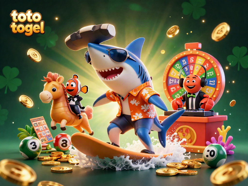 Engage in toto togel excitement with a vibrant 3D illustration of a shark, clownfish, and crab in a lottery-themed scene.
