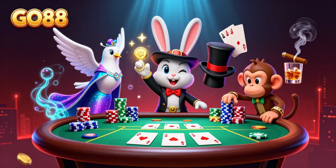 Engage in exciting GO88 gaming action with magical elements, poker tables, and vibrant characters.