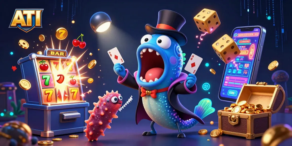 Experience ATI's vibrant casino world with glowing characters and exciting slot action in this dynamic illustration.