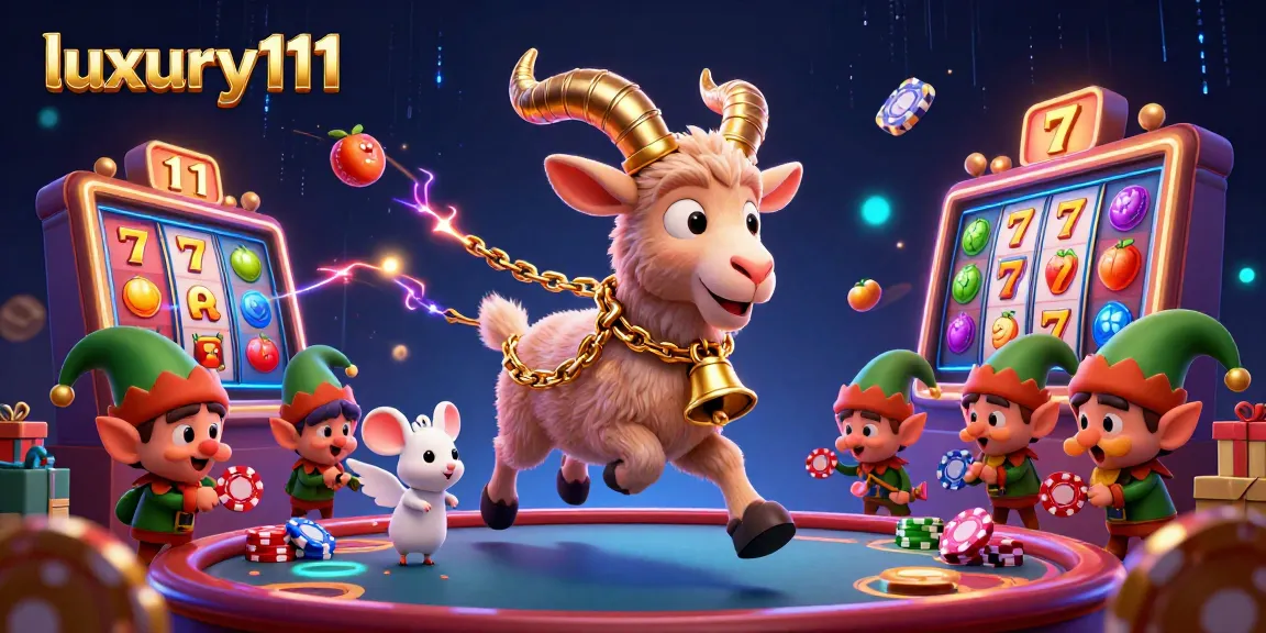 Experience thrilling wins at luxury111 with playful characters amidst a vibrant slot game scene.