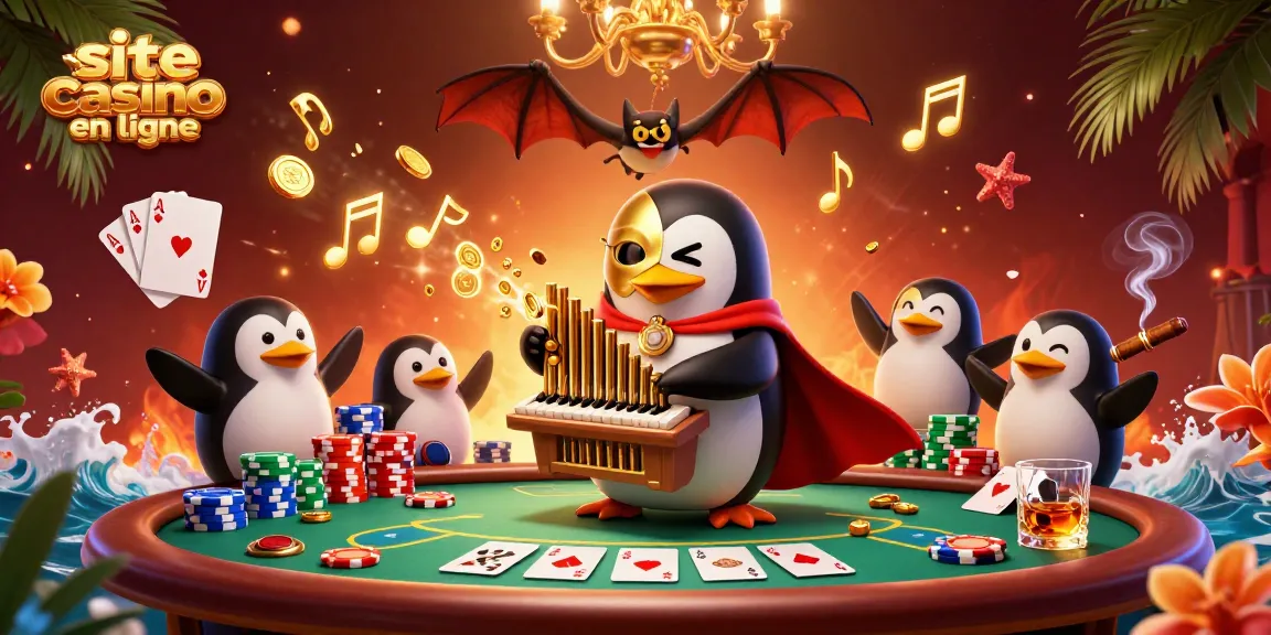 Le site casino en ligne propose une scène dynamique avec un pingouin jouant de l'orgue, des jetons et des cartes de poker.