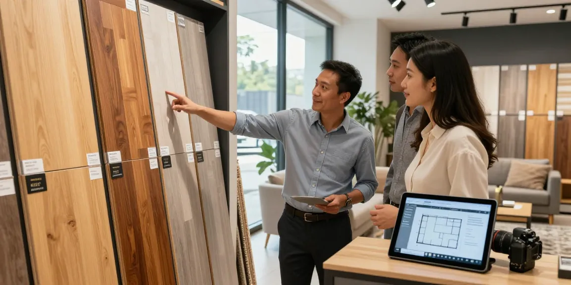 Couple exploring flooring business software in a vibrant showroom with expert consultant advice.