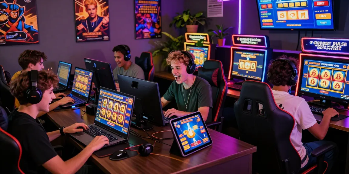 Excited players engaging in online slot games featuring "deposit pulsa tanpa potongan" promotions in a vibrant gaming environment.