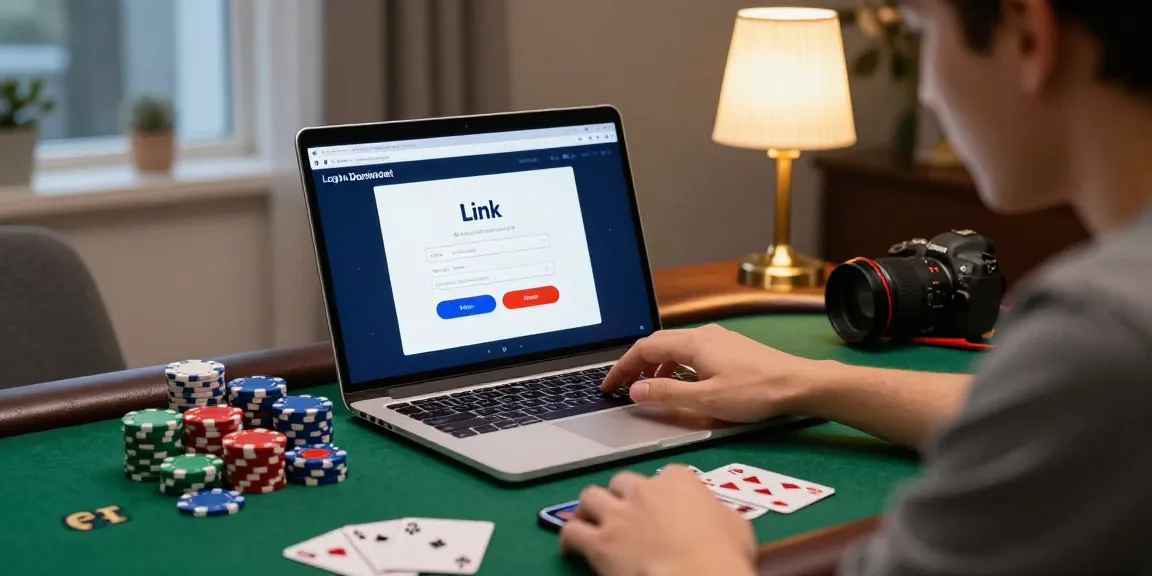 Engaged player using Link Login Dominobet on laptop surrounded by poker chips in a cozy gaming atmosphere.