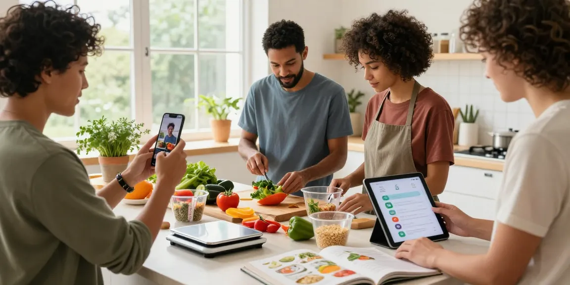 Group cooking healthy meals while using the best calorie tracker app in a bright kitchen.