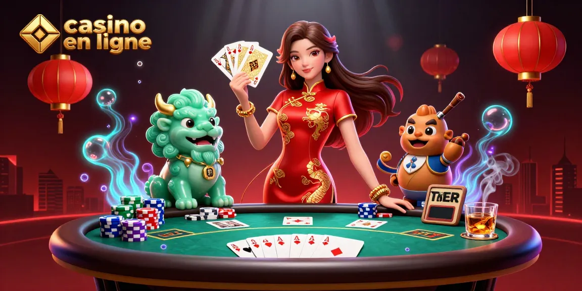 Interagissez avec casino en ligne présentant une scène 3D époustouflante avec des éléments de poker et des personnages vibrants.