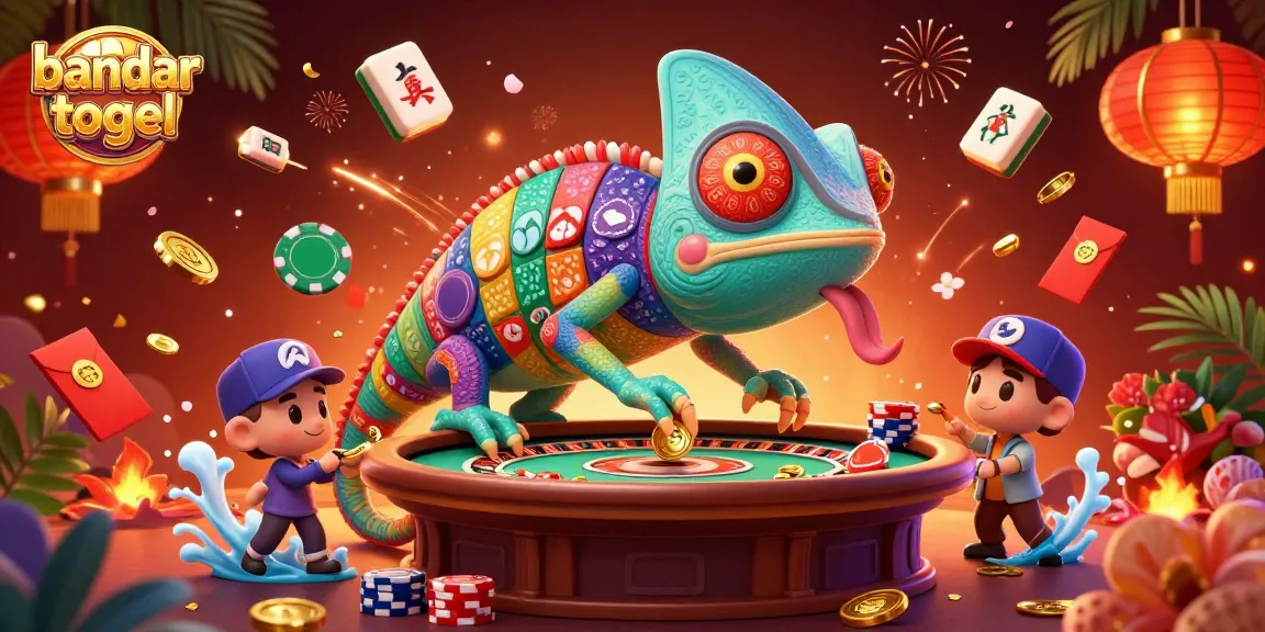 Experience vibrant bandar togel action with a playful chameleon casino owner amid lively game elements.