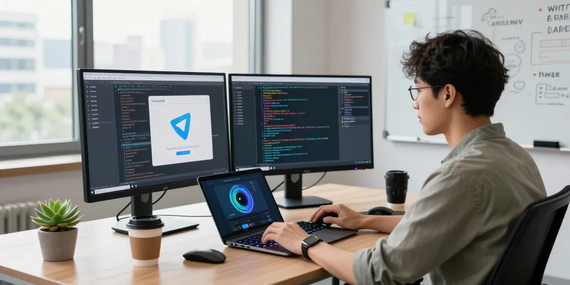 Developer coding 纸飞机中文版 on dual monitors in a modern workspace, showcasing a vibrant tech environment.