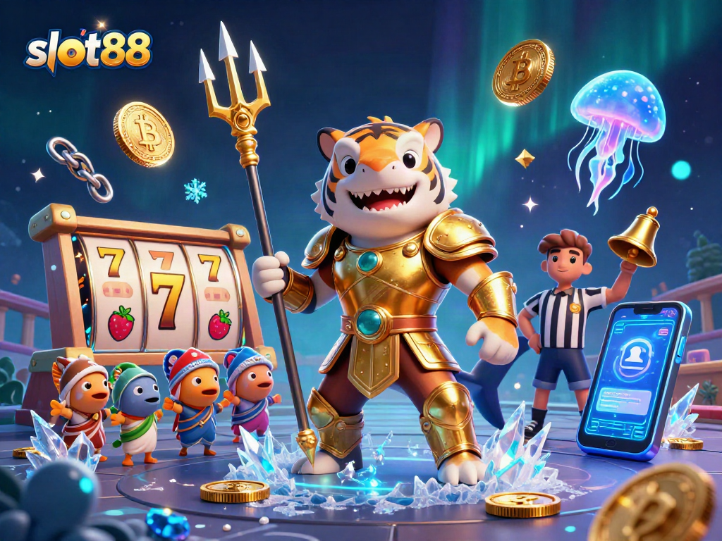 Spin the slot88 reels with a golden gladiator shark amidst vibrant crypto elements.