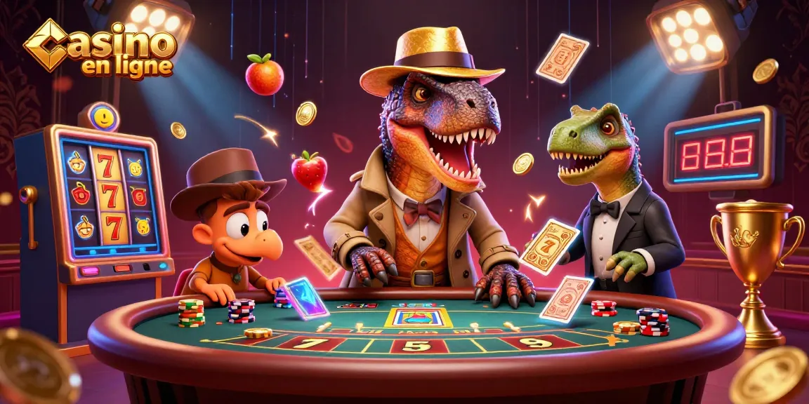 Casino en ligne : Illustration dynamique représentant un velociraptor jouant au blackjack tout en étant surveillé par un pit boss.