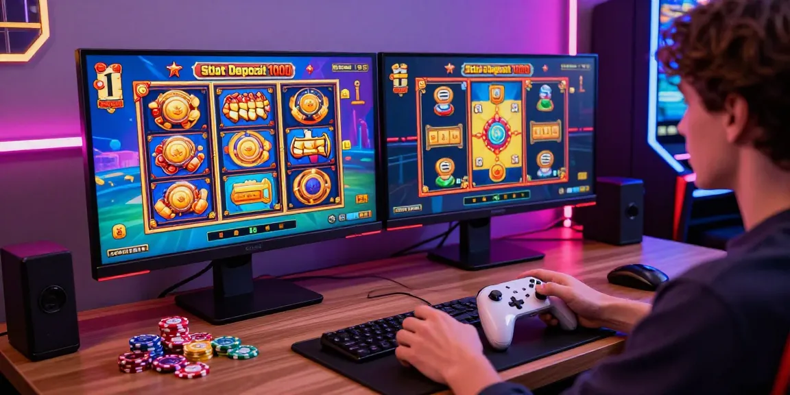 User engaging with exciting slot deposit 1000 games on high-definition screens in a vibrant gaming environment.