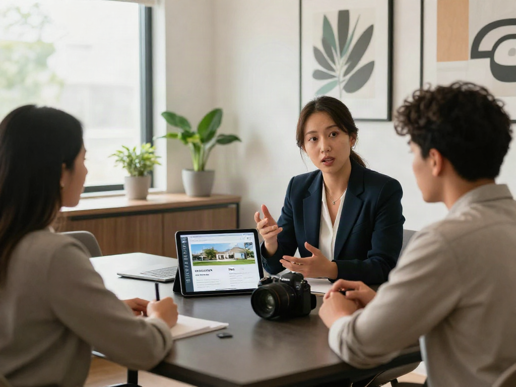 Real estate agent discussing property options for clients, focusing on a deposit 10k investment.