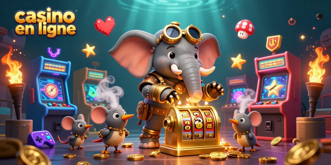 Engagez-vous avec des éléments de jeu vibrants dans un casino en ligne mettant en vedette un éléphant steampunk avec une machine à sous.
