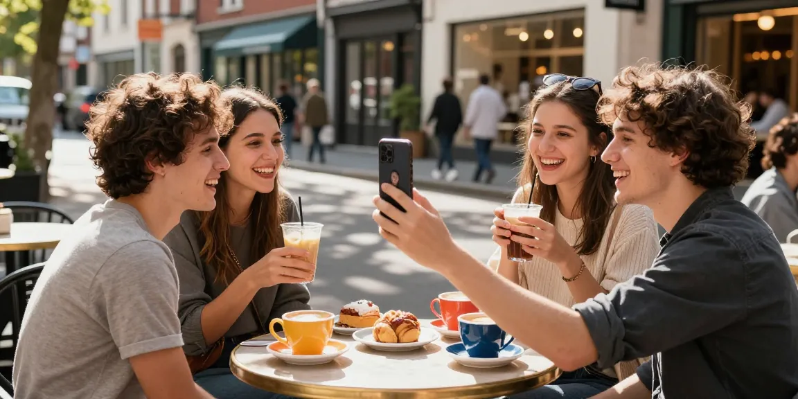 Group of friends enjoying coffee while discovering which celebs I look like with a fun selfie.