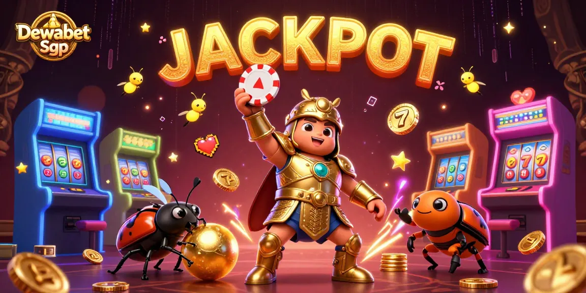 Dewabet Sgp showcases a victorious hercules beetle amidst an electrifying casino scene filled with gaming elements.