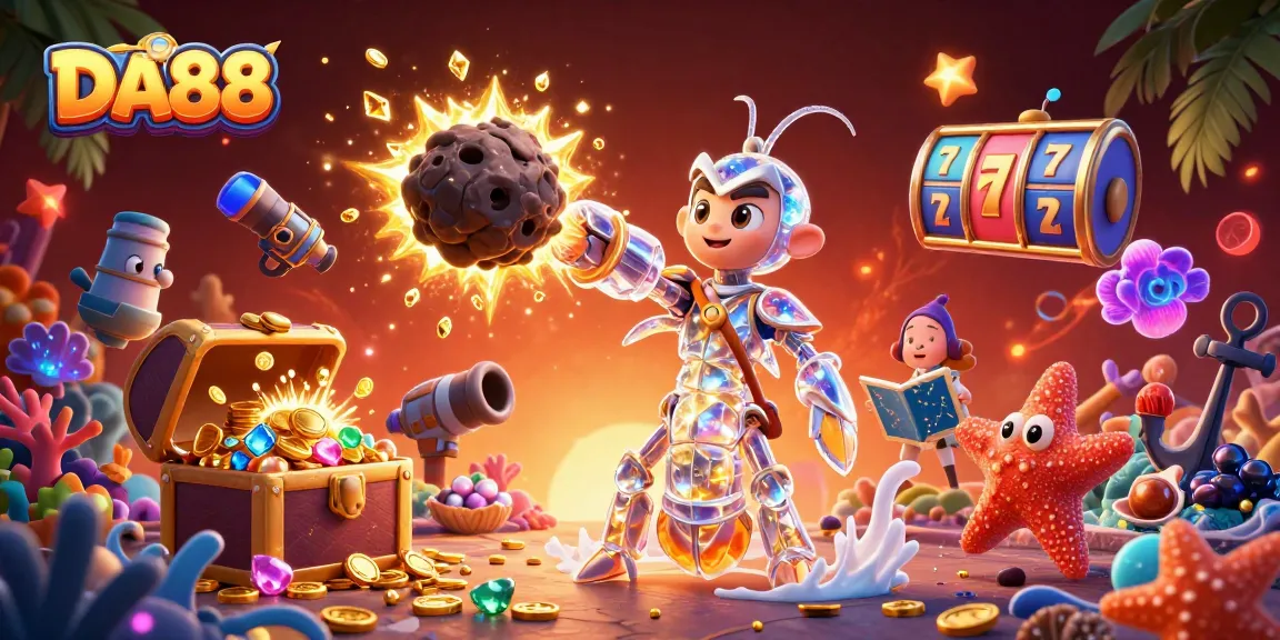DA88 showcases a galactic samurai mantis shrimp amidst an explosion of gold coins in a vibrant casino scene.