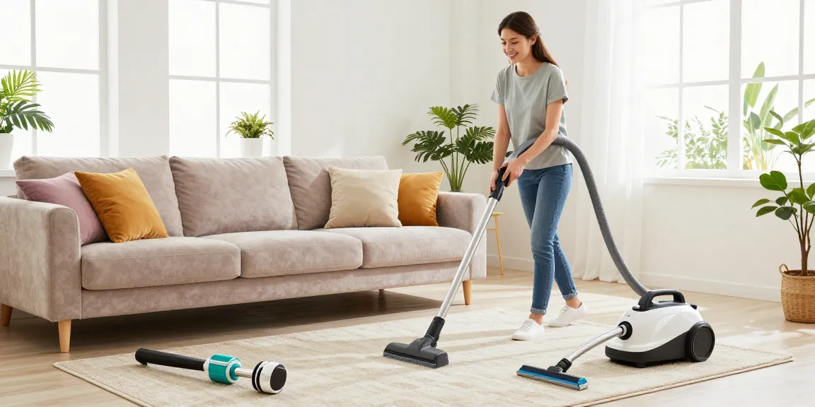 Upholstery steam cleaners effectively cleaning a plush sofa in a bright living room.