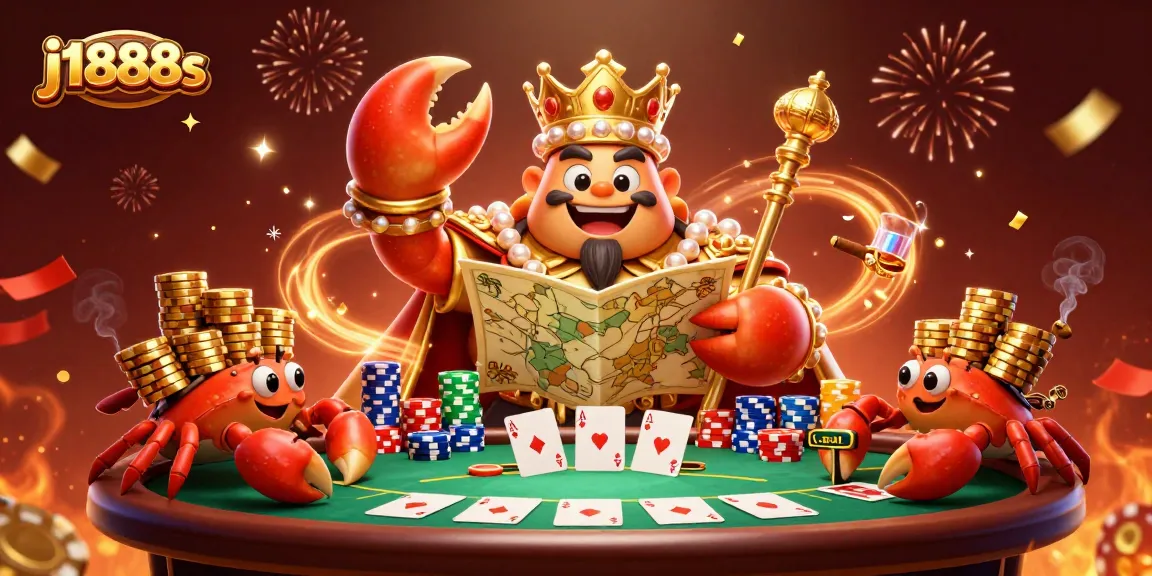 Navigate your j1888s casino experience with a vibrant, energetic scene featuring a crab emperor and poker elements.